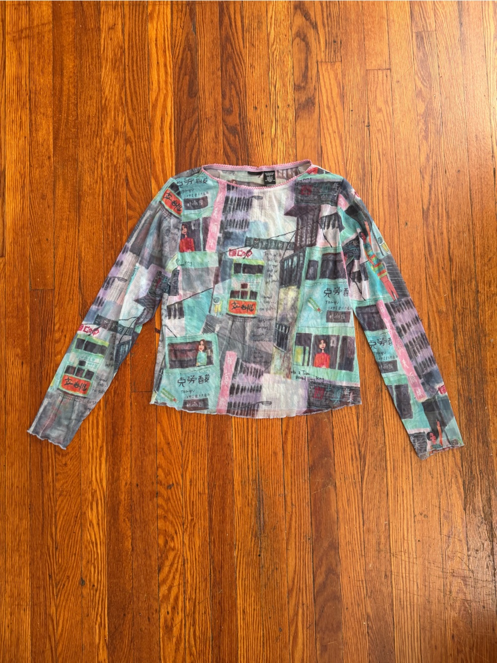 Multicolor Graphic Print Long Sleeve Blouse - Teal, Pink & Gray